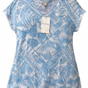 Tommy Bahama PetiteSmall 100%linen Tropical Palm Print Blue White Frayed Hem NWT